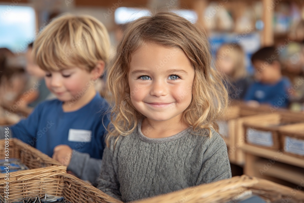 A young child with curly hair and bright blue eyes smiles while participating in a classroom activity. Nearby, other children are engaged in similar tasks, fostering a joyful learning atmosphere.