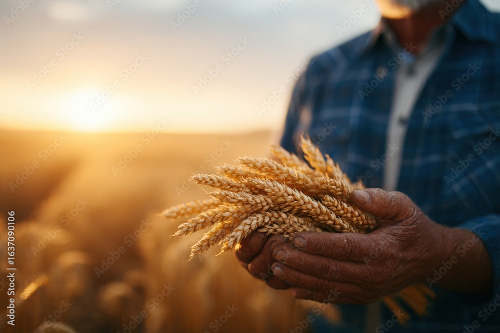 An experienced farmer stands in a golden wheat field, holding a handful of ripe wheat grains as the warm sunlight casts a beautiful glow during sunset.