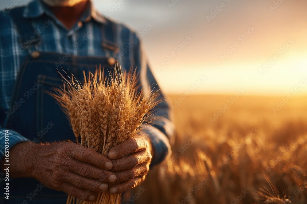 A farmer in a blue plaid shirt and overalls gently holds a bundle of golden wheat. The sun sets behind a vast field, casting warm light over the rustic scene, symbolizing the harvest season.