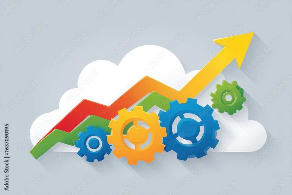 A colorful graphic showing a cloud with cogs and a rising line graph. The design illustrates concepts of technology and data growth, emphasizing progress in digital analytics and cloud solutions.