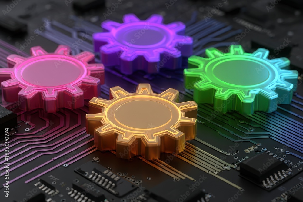 Colorful gears in shades of pink, purple, green, and orange are arranged on a dark circuit board, showcasing a blend of technology and creativity. The design highlights intricate electronic patterns.