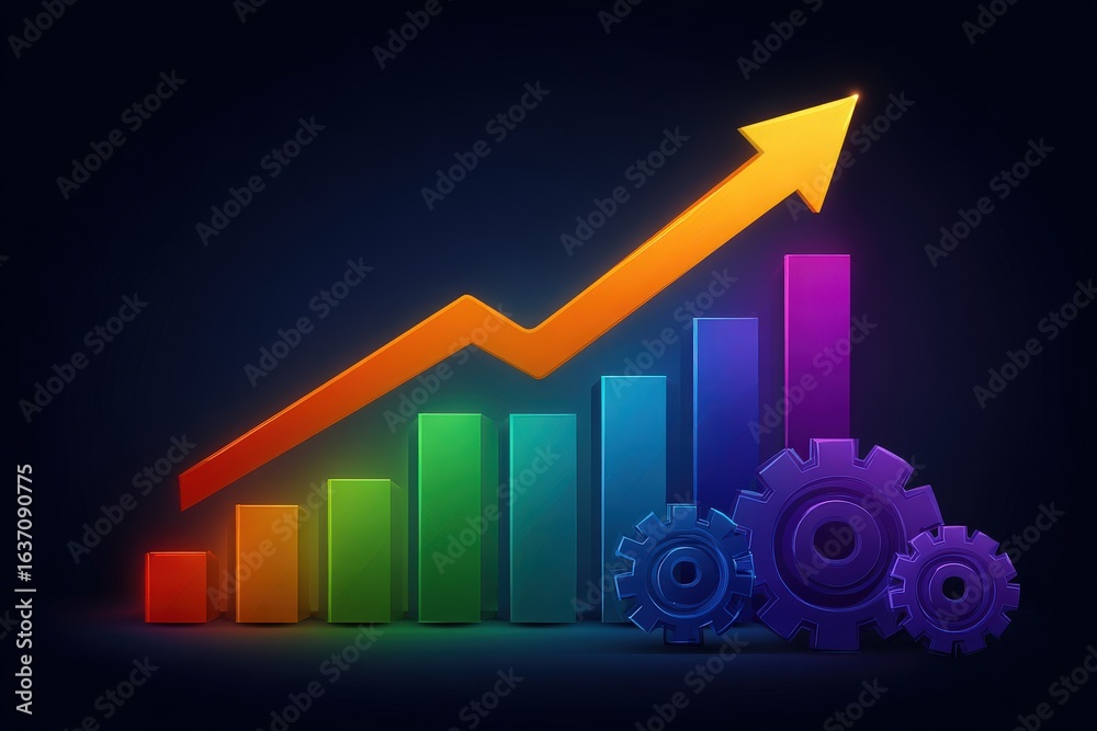 A vibrant bar chart displays ascending columns in blue, green, yellow, and orange shades. An upward arrow highlights growth, while gears symbolize mechanics in business processes.