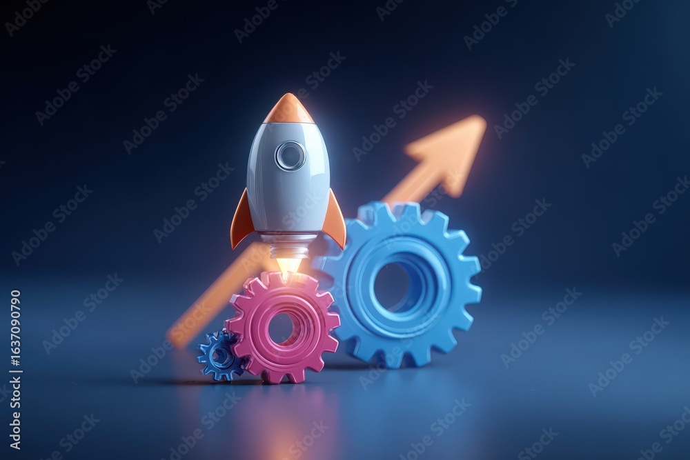 A small rocket is depicted launching from colorful gears, surrounded by a bright upward arrow. This symbolizes innovation, technology, and advancement in various fields.