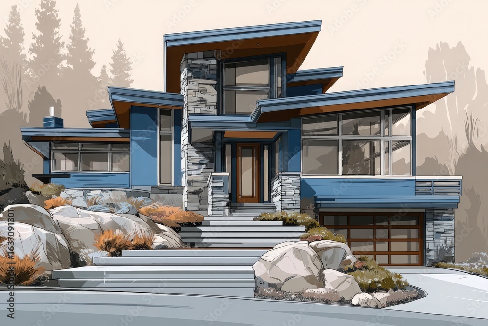 This striking contemporary home features unique geometric shapes, large windows for natural light, and a mix of stone and blue siding.