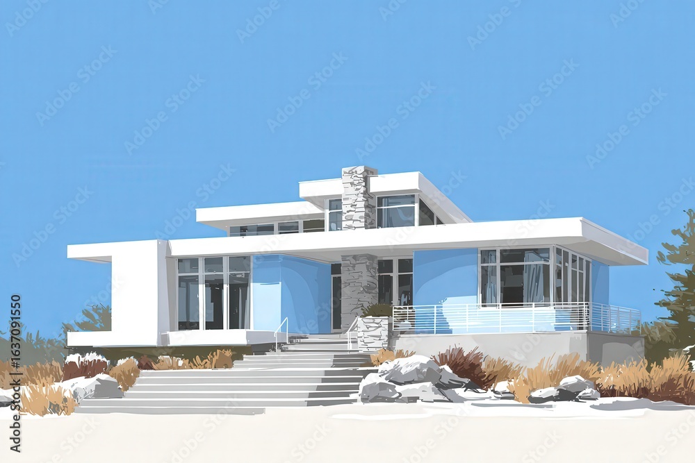 This contemporary beach house features large glass windows, a stone fireplace, and a spacious outdoor area. It blends beautifully with the coastal landscape under a clear blue sky.