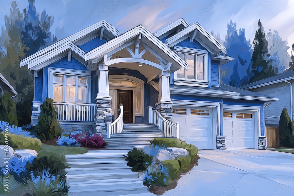 A charming blue house features a grand entrance with stylish pillars, surrounded by lush greenery and colorful flowers. The well-kept yard complements the tranquil setting in the neighborhood.