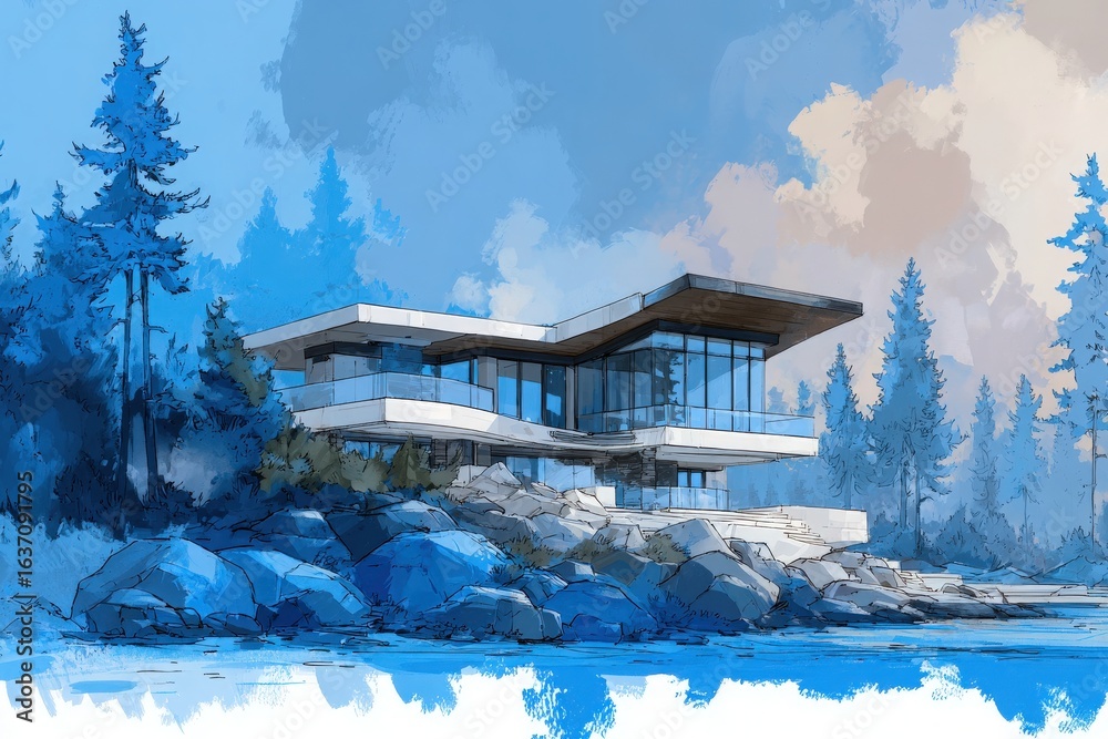 A contemporary house sits by a serene lake, surrounded by lush trees. The structure features large windows and a sleek design, blending harmoniously with the tranquil environment.