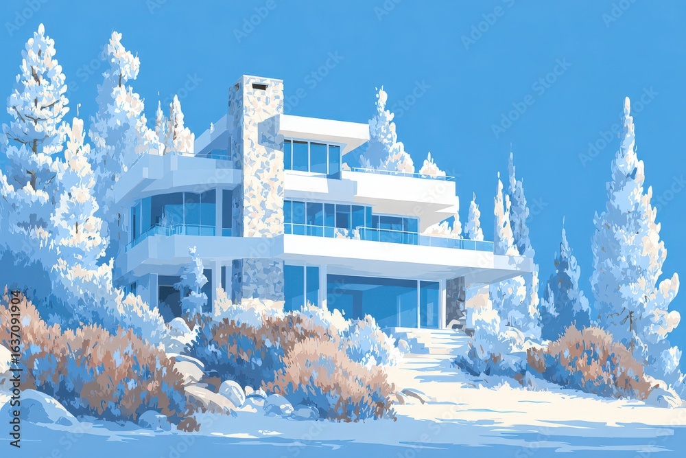 This striking modern home features spacious balconies and large glass windows, set among snow-covered pines and rocks, creating a serene winter landscape under a bright blue sky.