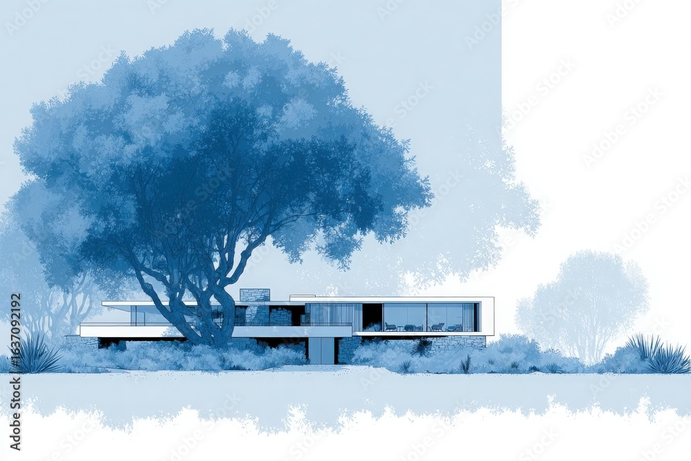 A sleek, contemporary house stands elegantly beneath a large tree, featuring expansive glass walls and artistic landscaping. The setting radiates tranquility and harmony with nature.