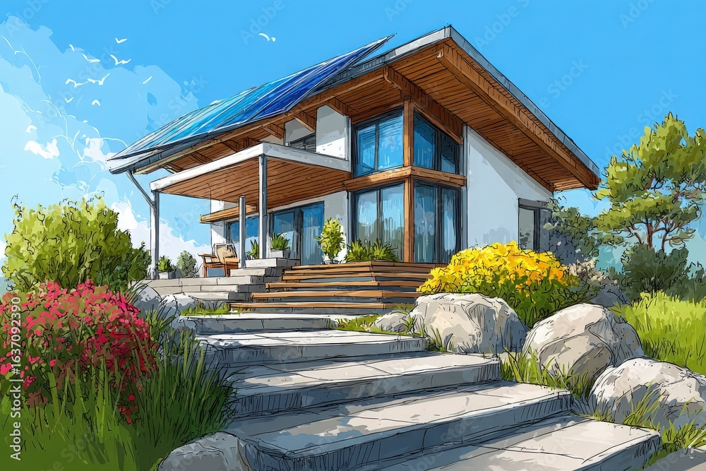 A contemporary house featuring solar panels on the roof stands amidst lush greenery and colorful flowers. Stone steps lead to the entrance, enhancing the inviting atmosphere on a bright day.