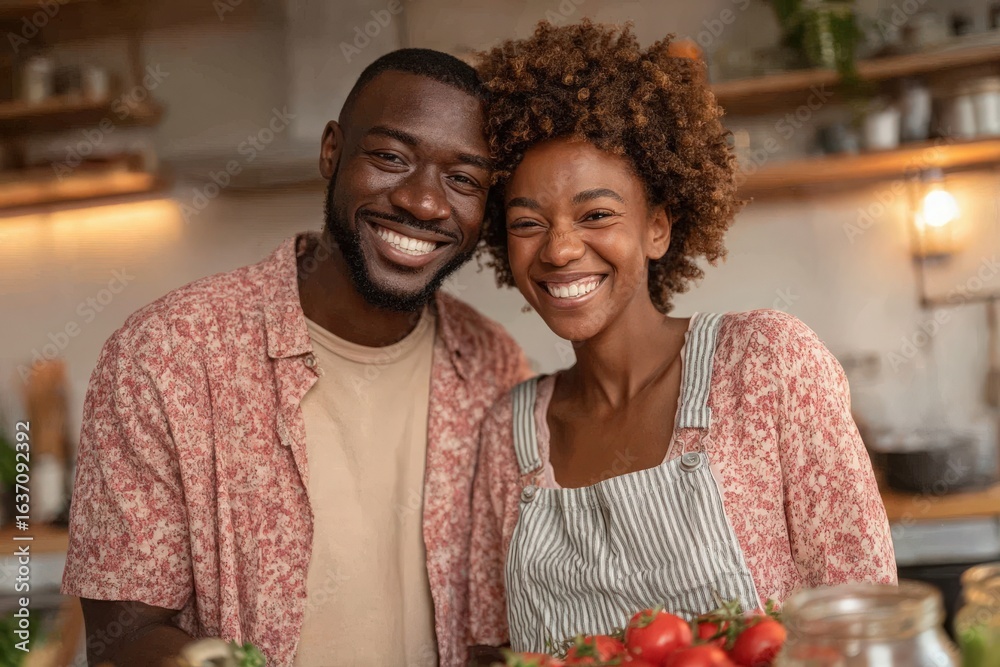 A young couple stands together in a cozy kitchen, smiling joyfully. Fresh vegetables are displayed on the counter, and warm lighting creates an inviting atmosphere.