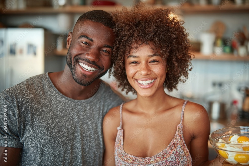 A cheerful couple enjoys time together in a warm kitchen filled with natural light. They smile brightly while holding a bowl of fruit, embodying joy and connection in their shared experience.