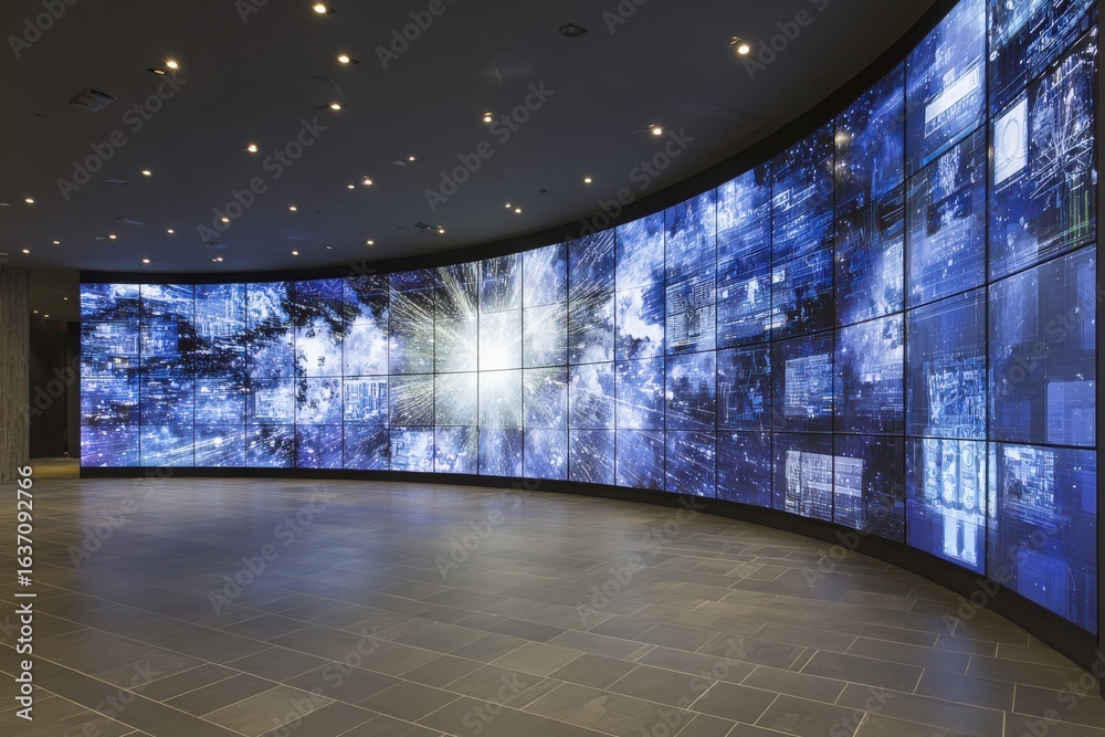 A large, curved digital display features vibrant, colorful visuals, illuminating the contemporary space. The setting is minimalistic, enhancing the futuristic atmosphere with soft lighting.