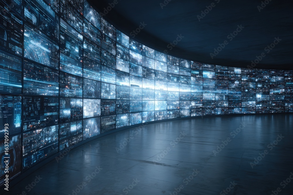 A high-tech command center features a curved wall of digital screens displaying vibrant data visualizations and analytics.