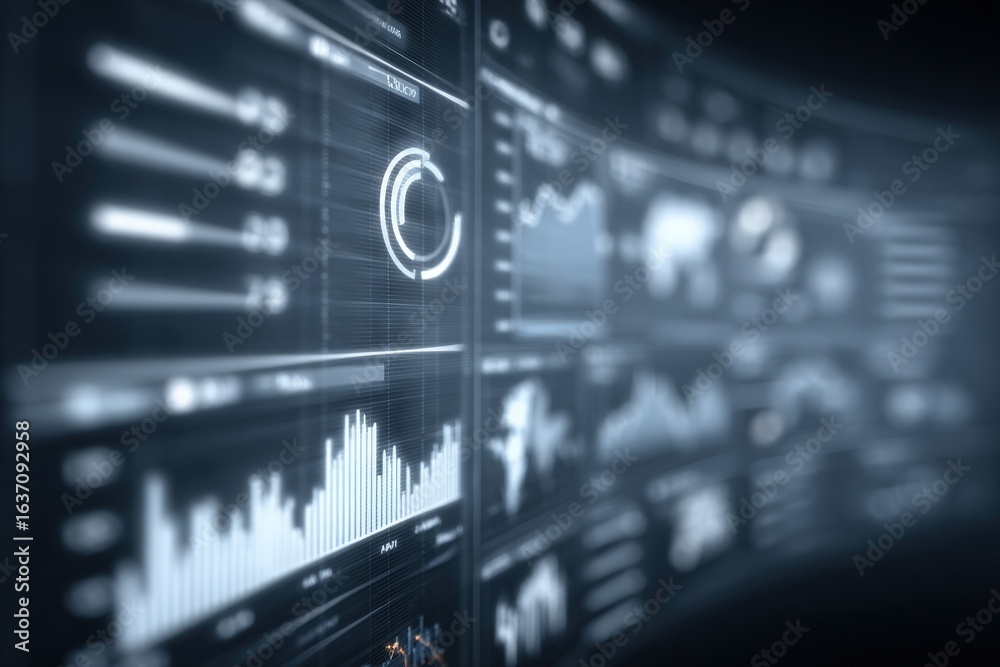 The dashboard displays multiple charts and graphs, illustrating performance metrics and trends. The visuals are designed for data analysis and interpretation in a modern technological environment.