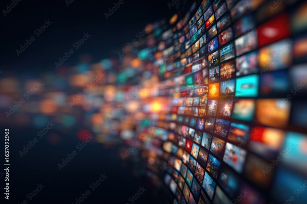 A dynamic arrangement of various screens showcases vibrant images and videos, creating an immersive digital experience. The design conveys a sense of movement and technology.