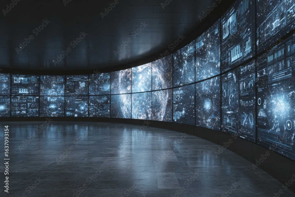In a modern, circular room filled with advanced technology, multiple screens showcase intricate data visualizations. The ambient lighting creates a sleek atmosphere, enhancing the digital experience.