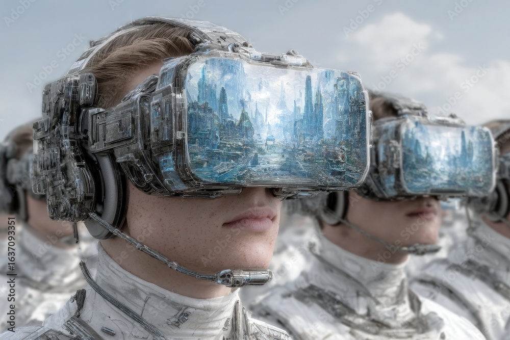 A group of people stands side by side, each wearing advanced virtual reality headsets. The headsets display a digital landscape with towering structures, hinting at a futuristic world.