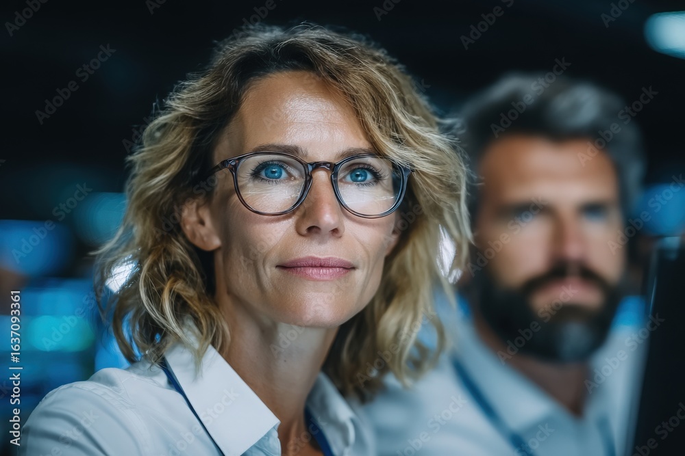 A woman with curly hair and glasses is sitting at a desk in a contemporary office environment.
