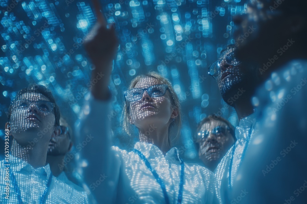A group of people dressed in white shirts and glasses stands together, captivated by mesmerizing digital data projections. Their expressions indicate curiosity and engagement in analysis.