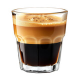 A refreshing espresso macchiato with rich crema and dark coffee layers in a clear glass isolated on transparent background