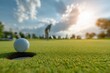 © Rifqi - Golf ball on the edge of the hole on green grass, golfer in the background. Concept for championship game, competitive sport and leisure activity.