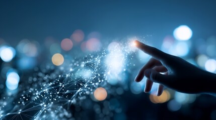 Poster - Finger touching digital network with light trails, abstract technology background, concept for future innovation, data analysis and cyber communication.