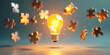 © Jelly - 3D concept of floating puzzle pieces assembling into a glowing golden lightbulb, symbolizing innovation, problem solving, and creative thinking in business and technology with minimal clean background