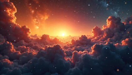Wall Mural - Golden sunrise paints the vast, star-dusted expanse of a nebula, signifying the universe's awakening Celestial dust motes dance in the ethereal glow, a cosmic dawn , horizon, stars, majestic