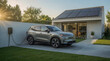© Aditya - A modern, light-colored electric SUV is parked in a driveway and charging from a wall-mounted station. The house features solar panels on the roof and large windows.