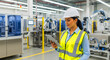 © Ryuga - Confident female engineer reviewing data on tablet amidst advanced factory automation and robotics