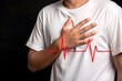 © UmerDraz - Heart attack chest pain concept man holding chest with heart beat line medical condition emergency health issue