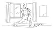 © AlenaSi - Fitness at home workout with man doing lunges. Home fitness routine includes simple exercises and equipment.  Concept home fitness for online courses and workout apps.