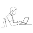 © AlenaSi - Man work home with continuous line drawing, person typing on laptop computer. Work home illustration showcases single line drawing of employee sitting at desk using laptop for remote work,