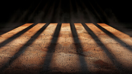 Poster - Dramatic light beams cast shadows on textured surface, creating striking visual effect. interplay of light and shadow emphasizes depth and dimension of scene, evoking sense of mystery and intrigue