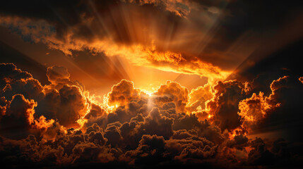Wall Mural - breathtaking sunset with vibrant orange and yellow hues illuminating clouds, creating dramatic sky f