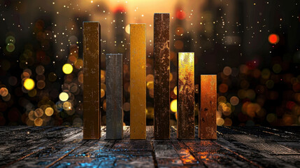 Poster - Bar chart with sparkles on modern interface background, showcasing data visualization in vibrant cityscape. warm colors and glowing lights create engaging atmosphere