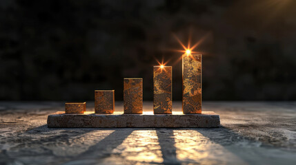 Poster - Modern bar chart with textured golden finish, showcasing growth through ascending bars. sparkles and lighting create inspiring atmosphere, symbolizing success and achievement