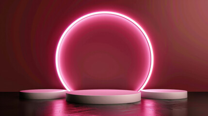 Poster - Modern ceramic art podium is illuminated by glowing pink rings, creating vibrant and artistic atmosphere. This setup is perfect for showcasing creative works or products