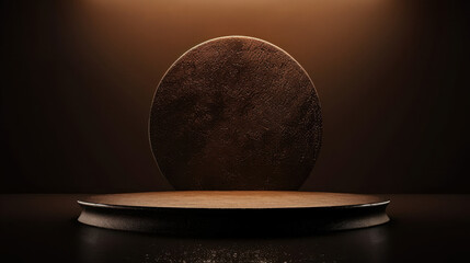 Poster - Circular podium with textured surface is illuminated by soft lighting, creating dramatic atmosphere. reflective floor enhances visual appeal, making it ideal for presentations or displays