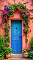  Door in pink wall with blue door and greenery