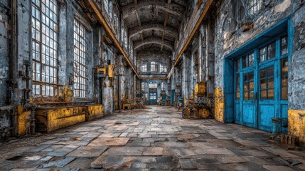  Abandoned factory interior, long hall