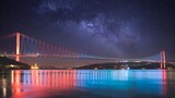 Bosphorus Bridge Milky Way, Istanbul at Night, 15 Temmuz Bridge Starry Sky, Illuminated Bridge Reflection, Majestic Istanbul Bridge.