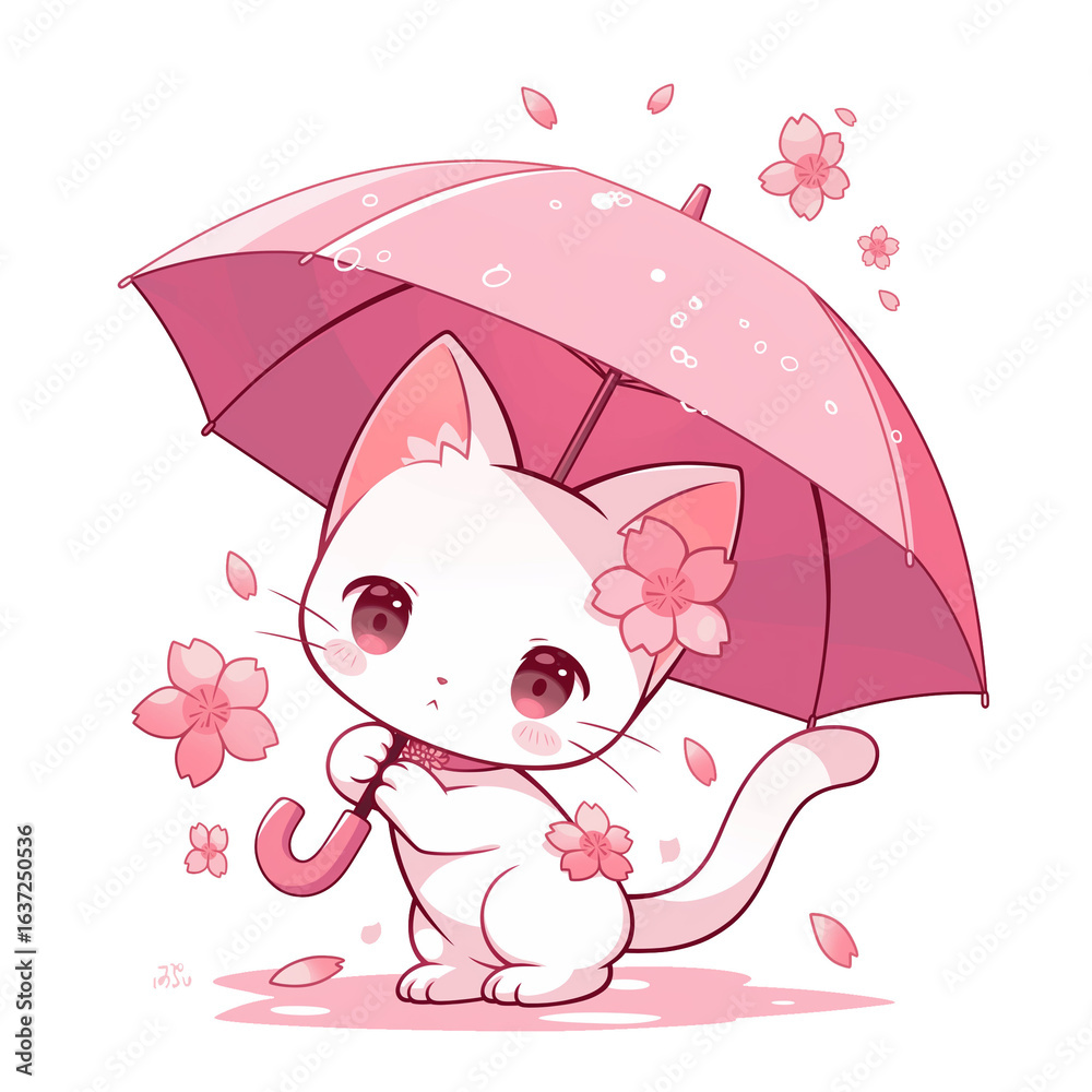 色鮮やかな傘を差した猫が雨の中で微笑む可愛らしいイラスト。梅雨、雨
