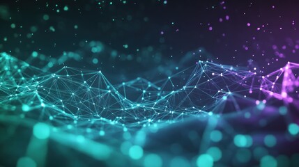 A sleek modern abstract background with glowing grid lines, sharp geometric shapes, and neon digital elements in shades of teal and purple
