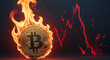 © NKL.96 - A burning Bitcoin coin symbolizes a cryptocurrency market crash with a red downward chart.