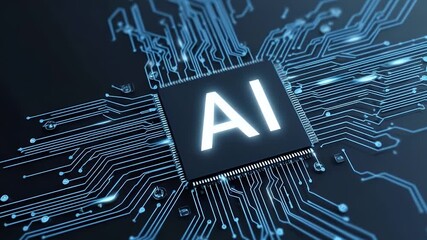 Wall Mural - 
A blue background with the text AI in white, and an icon of a chip or computer on it.