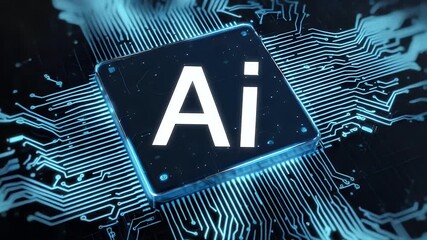 Wall Mural - 
A blue background with the text AI in white, and an icon of a chip or computer on it.