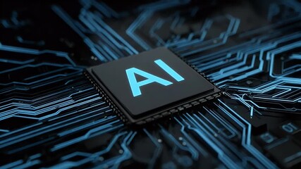 Wall Mural - 
A blue background with the text AI in white, and an icon of a chip or computer on it.