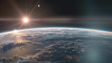 Wall Mural - sunrise over planet earth from outer space with glowing sunlight rays, atmospheric horizon, and stun